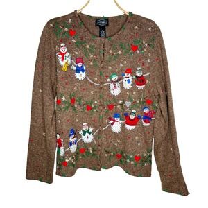 Designers Studio‎ Originals Cardigan Womens M Brown Good Snowman Ugly Christmas